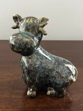 Ceramic Cow Figurine Blue Tan Brown Farmhouse